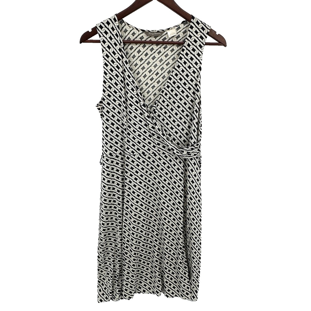 Tommy Bahama Black Biege Geometric Print V-Neckline Sleeveless Dress L Silk